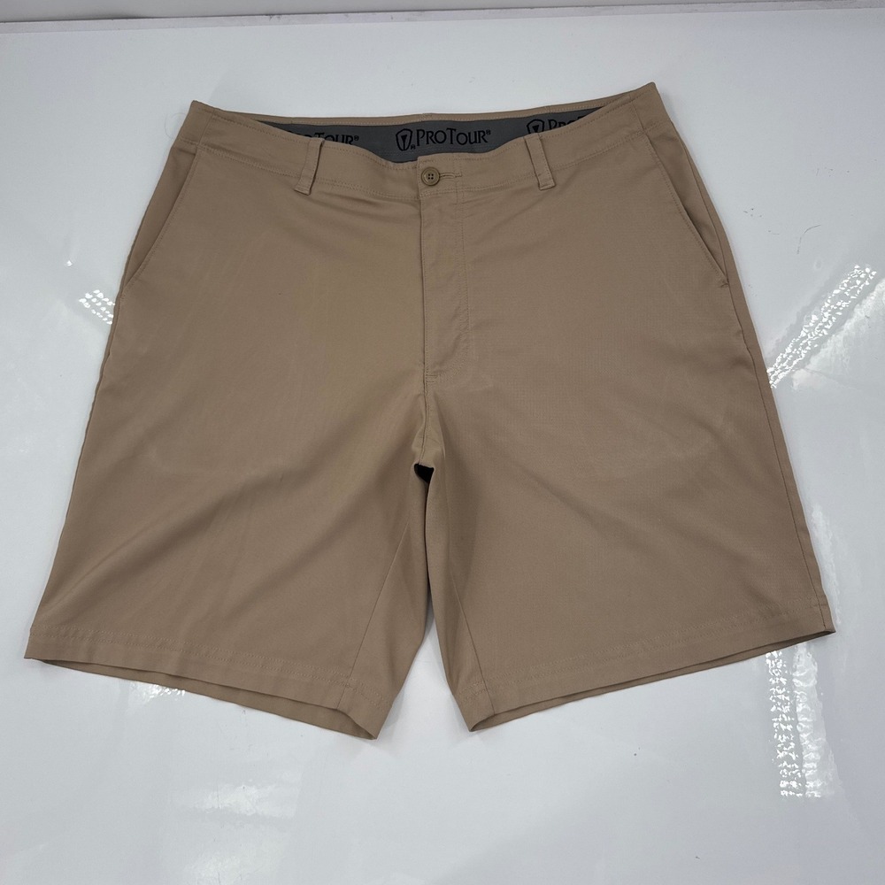 Pro Tour Mens Golf Shorts Tan Khaki Performance‎ Stretch Flat Front Size 36